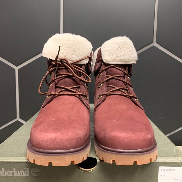 New Womens Timberland Jayne Fleece Boots Burgundy - Picture 3 of 6